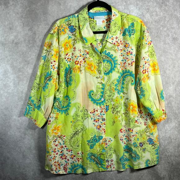 Soft Surroundings Shirt Womens Medium Green Paisley Silk Cotton Blend‎ Button Up - Picture 1 of 9